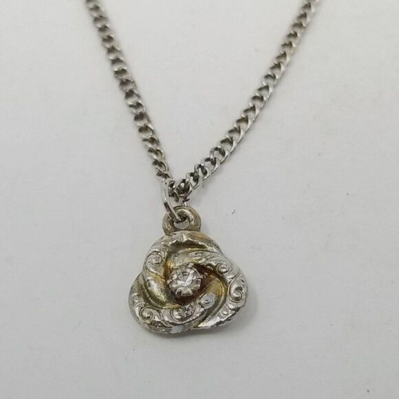 Vintage Tiny Knot Pendant with Rhinestone Center, Silver Tone Chain Necklace - Picture 1 of 5